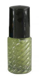 Glass bottle with swirl pattern and black cap