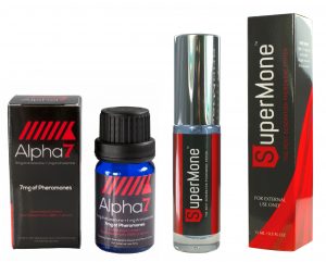 Two products are next to each other: Alpha-7 Unscented, with a blue bottle and black and red label and a black box with red and white designs and text, and SuperMone Pheromone Cologne, with a clear bottle and black and red label and a black and red box.
