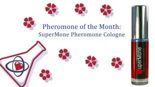 A title card showing a cartoon beaker and pink flowers surrounding the text Pheormone of the Month: SuperMone Pheromone Cologne. A SuperMone bottle with a black and red label and silver cap sits to the right.