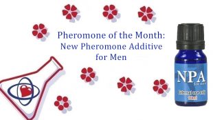 An info card with a cartoon beaker in the bottom corner and blue text that reads "Pheromone of the Month: New Pheromone Additive for Men." The text is surrounced by flowers. A blue bottle with a black cap and blue label reading "NPA for Men" sits in the bottom right corner.