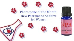 An info card with a cartoon beaker in the bottom corner and blue text that reads "Pheromone of the Month: New Pheromone Additive for Women." The text is surrounced by flowers. A blue bottle with a black cap and pink label reading "NPA for Women" sits in the bottom right corner.