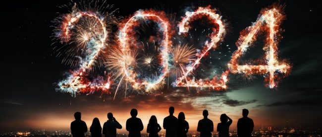 A group of people look up at fireworks in the night sky. The fireworks are spelling out the number 2024 to welcome the new year.